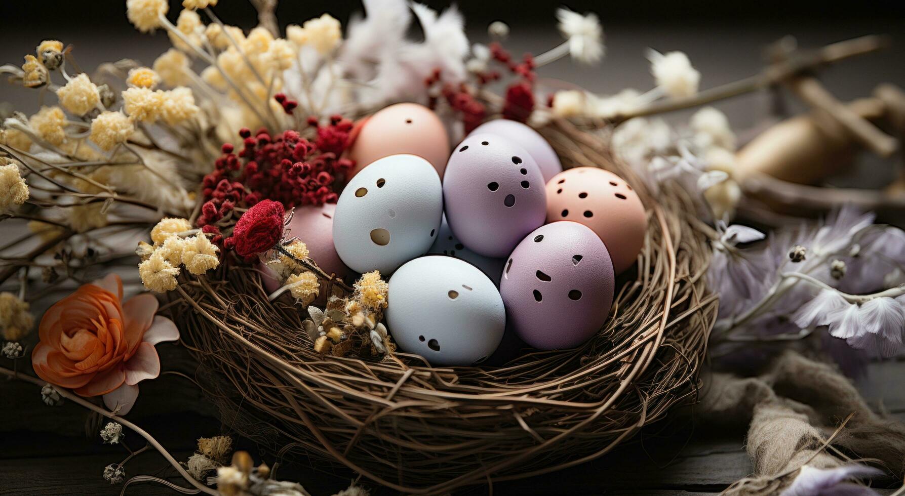 AI generated colorful eggs with flowers inside a nest, photo