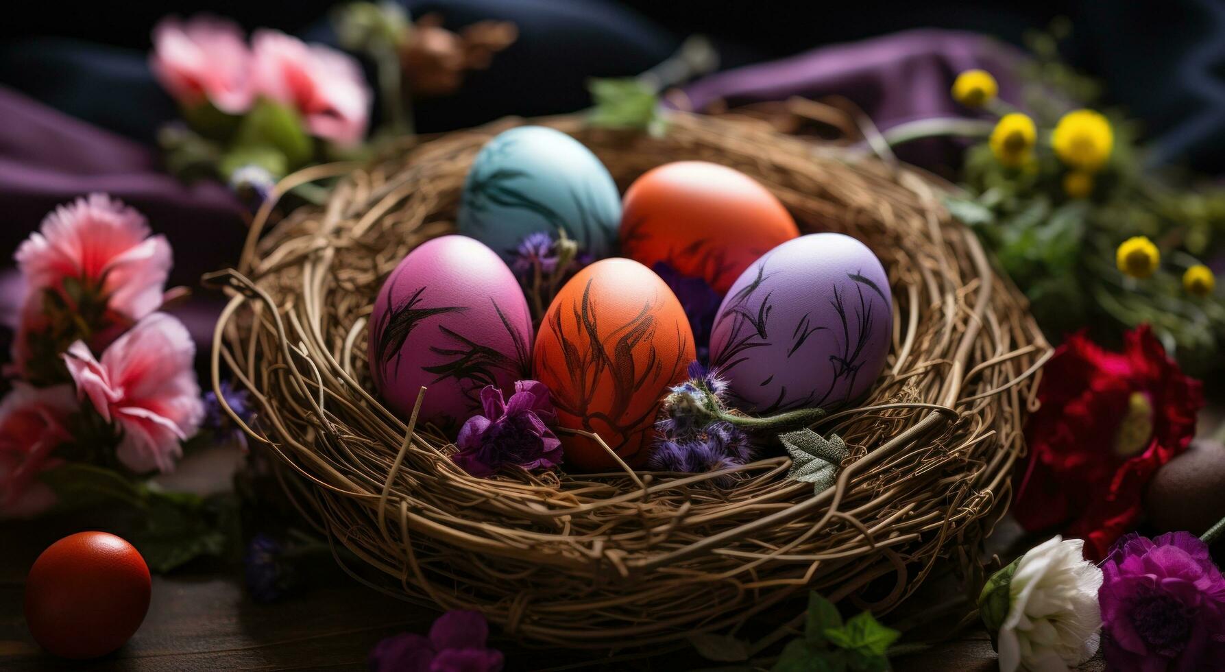 AI generated colorful eggs with flowers inside a nest, photo