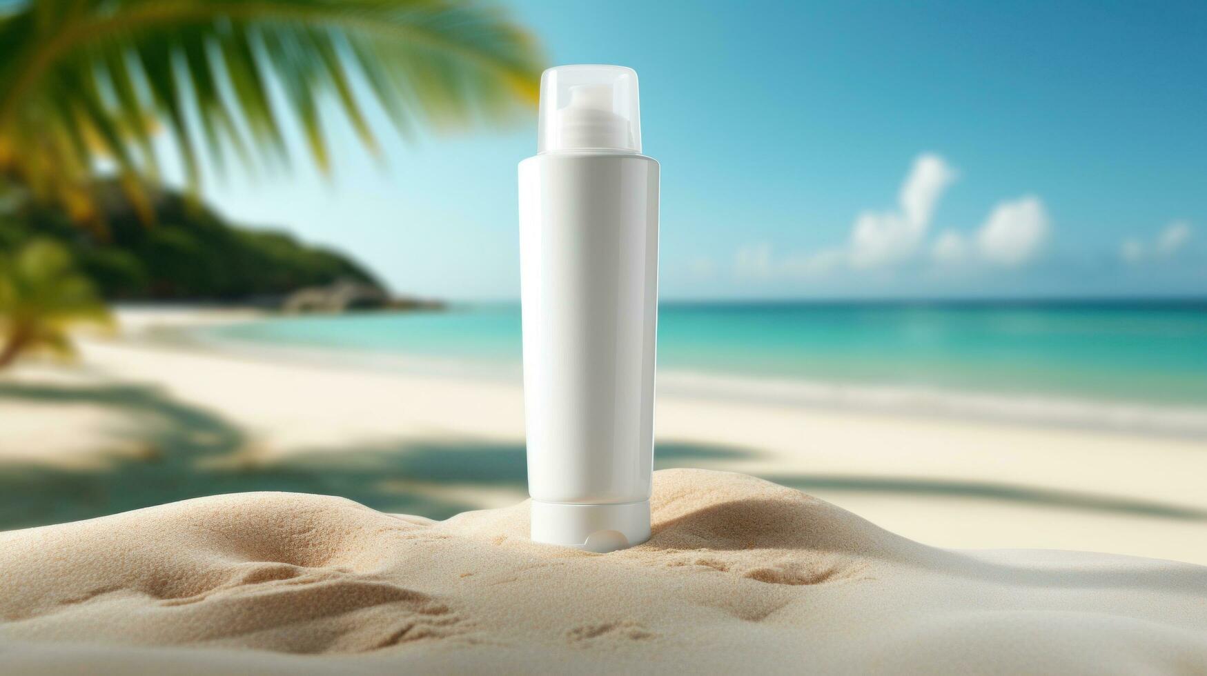 AI generated Cosmetic product with blank front, realistic on a mockup template in a sand in a tropical beach photo