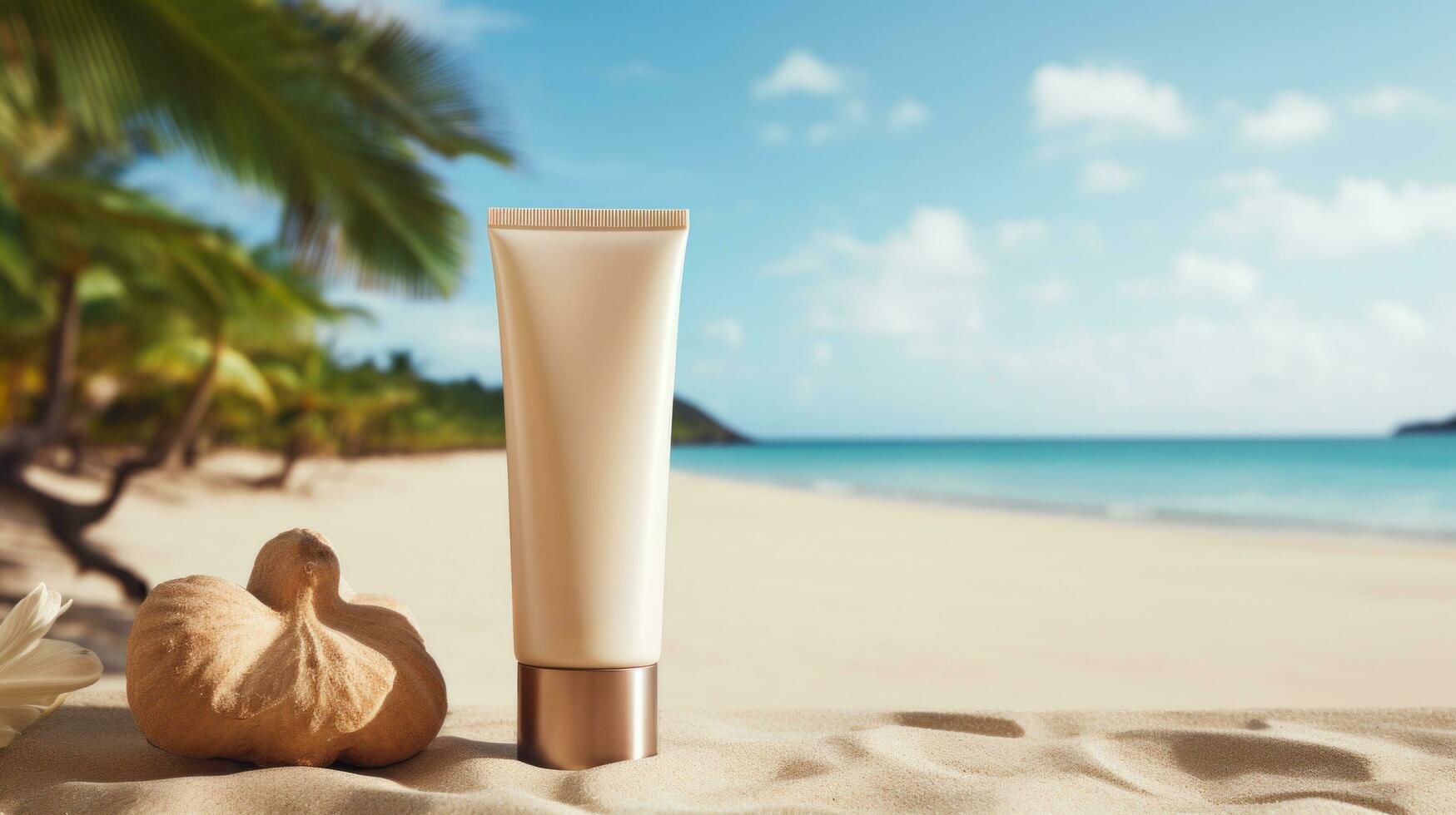 AI generated Cosmetic product with blank front, realistic on a mockup template in a sand in a tropical beach photo