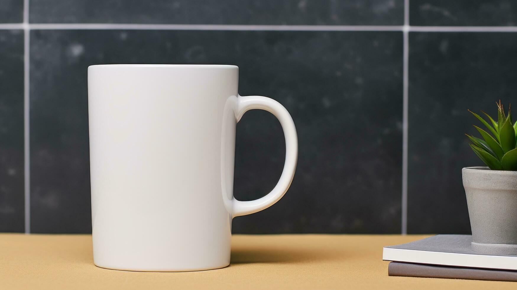 AI generated Cup with blank front, realistic on a mockup template in a desk in a modern office, photo