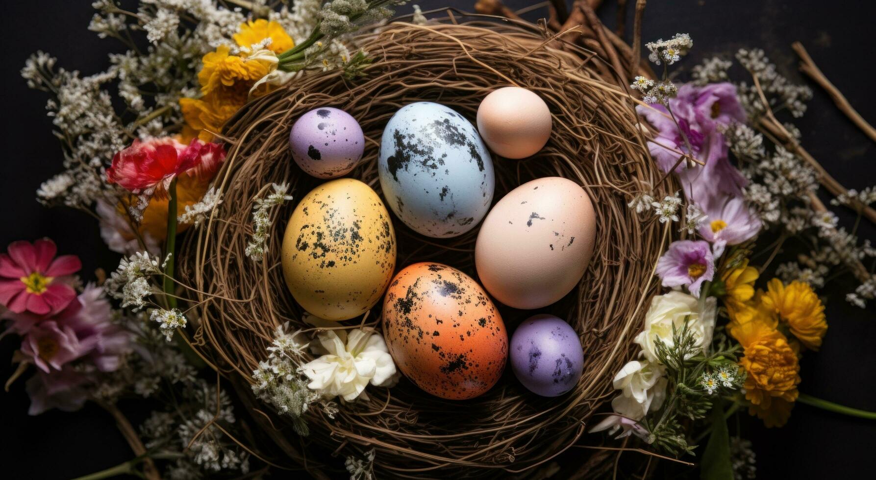 AI generated colorful eggs with flowers inside a nest, photo