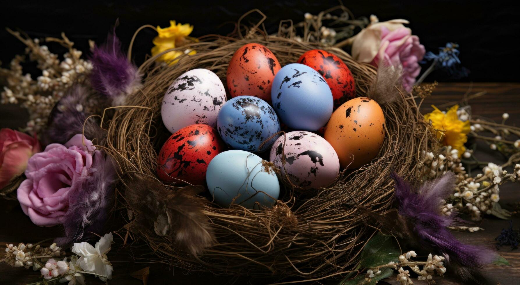 AI generated colorful eggs with flowers inside a nest, photo