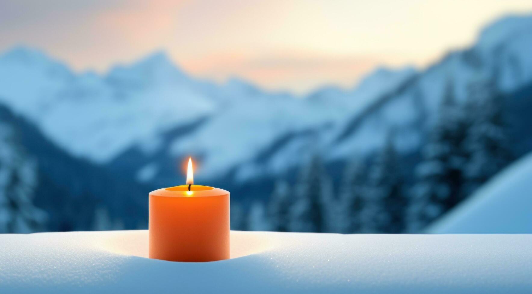 AI generated candle on a snow covered hill background, photo