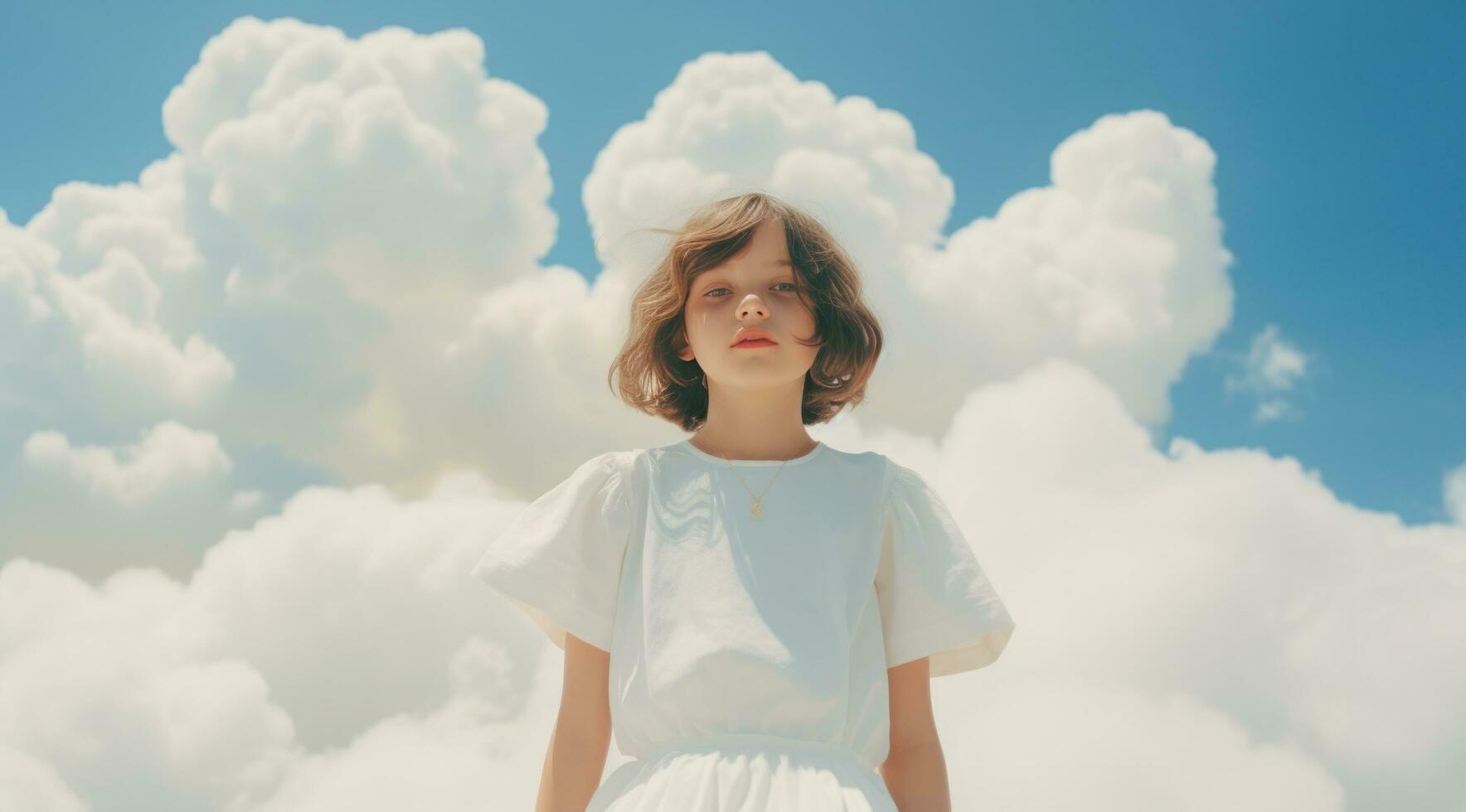 AI generated beautiful little girl in white wears white tshirt sitting on top of clouds, photo