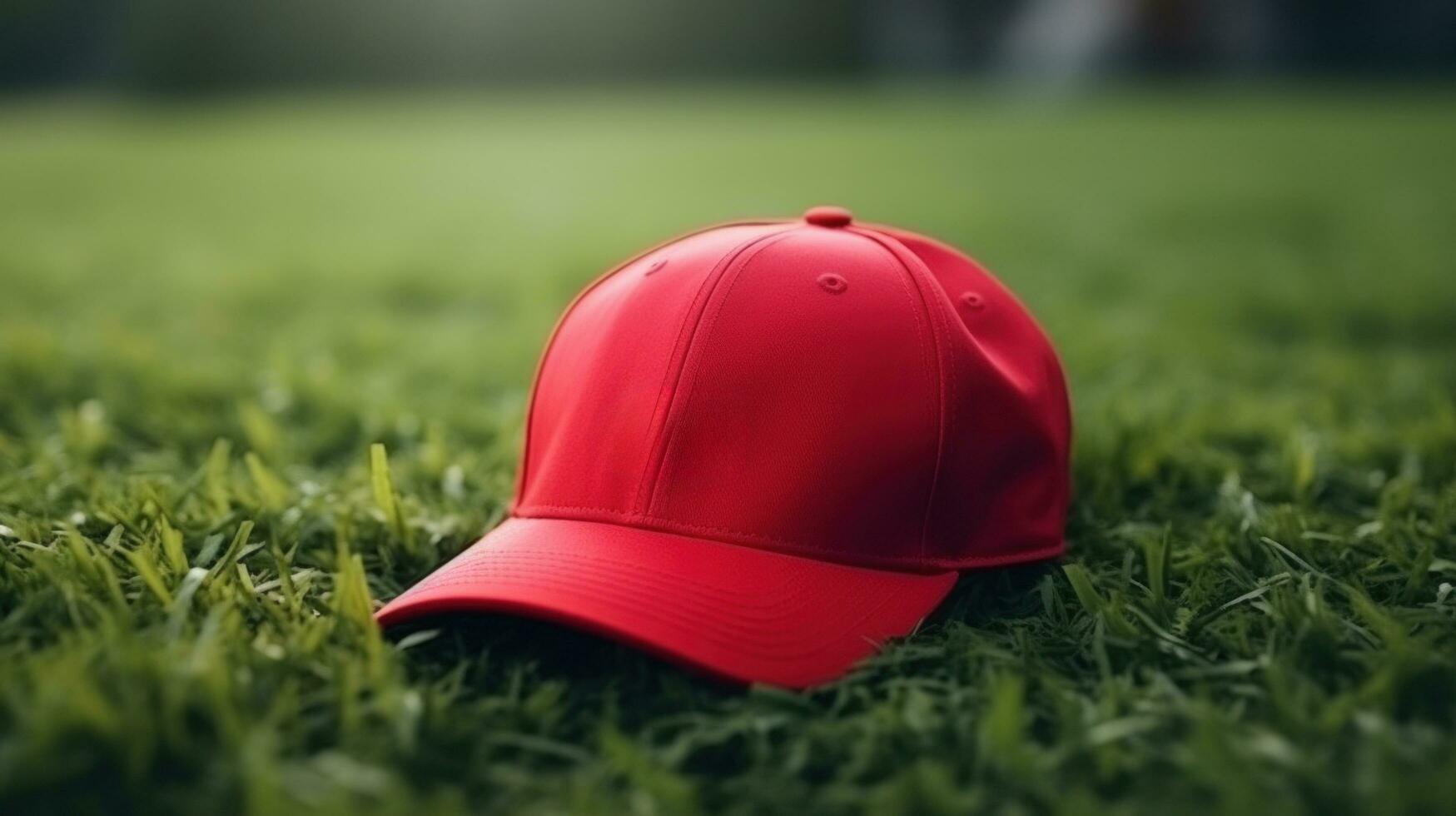 ai generado atleta moderno béisbol rojo gorra con realista en un Bosquejo modelo en un césped en un estadio foto