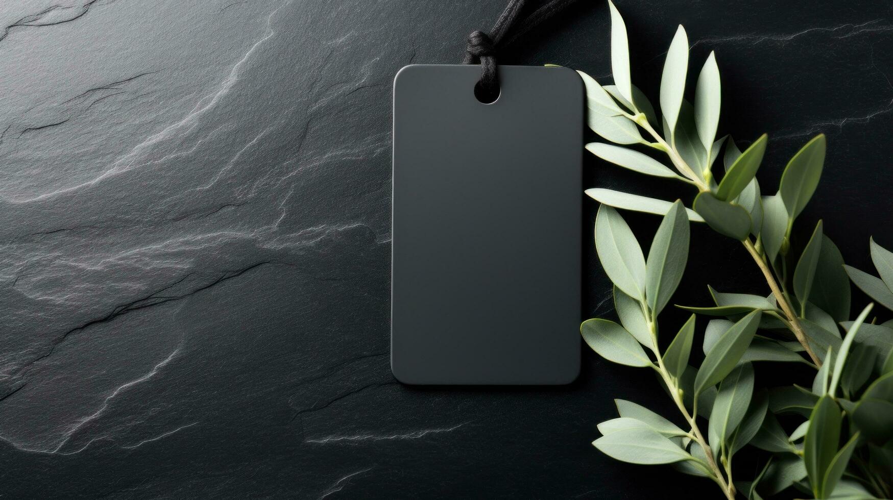 AI generated black blank tag with blank front realistic on a mockup template in a black stone table photo