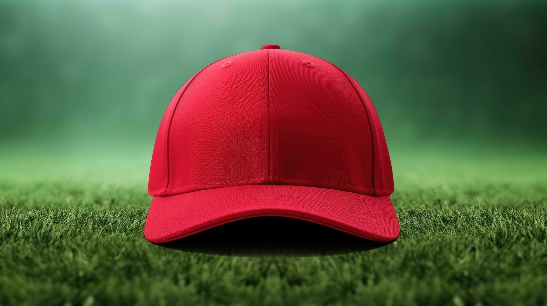 AI generated Athlete modern baseball red cap with realistic on a mockup template in a grass in a stadium photo