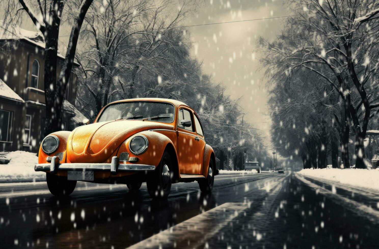 AI generated an orange car on a snow covered street, photo