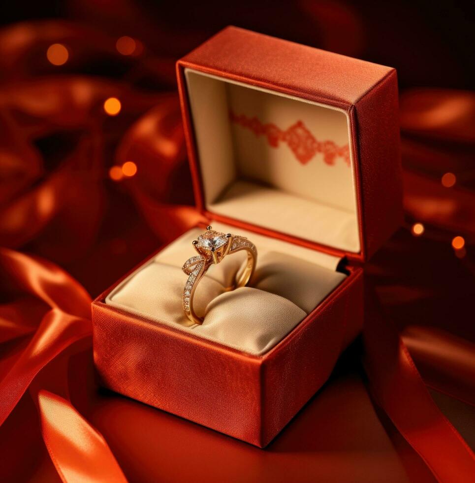 AI generated an orange and red engagement ring with red diamonds is sitting in a red box, photo