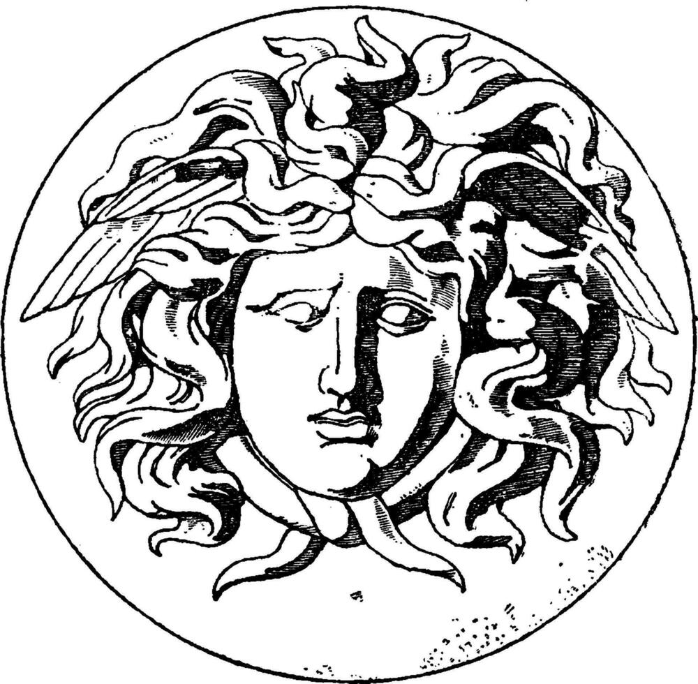 Medallion Medusa Head is a French design, vintage engraving. vector