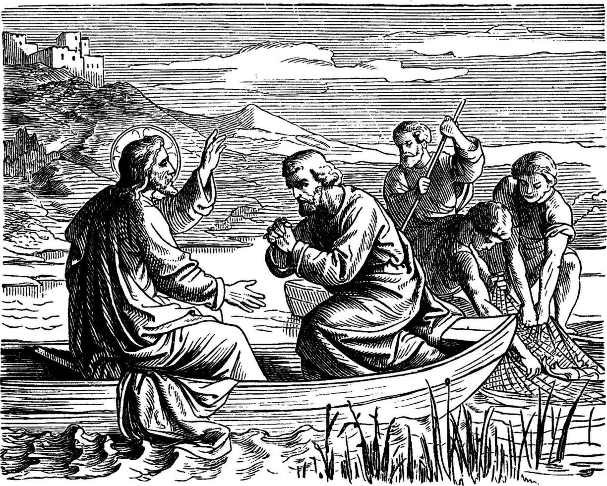 The Miraculous Draught of Fish - Jesus Fishes with His Disciples vintage illustration. vector