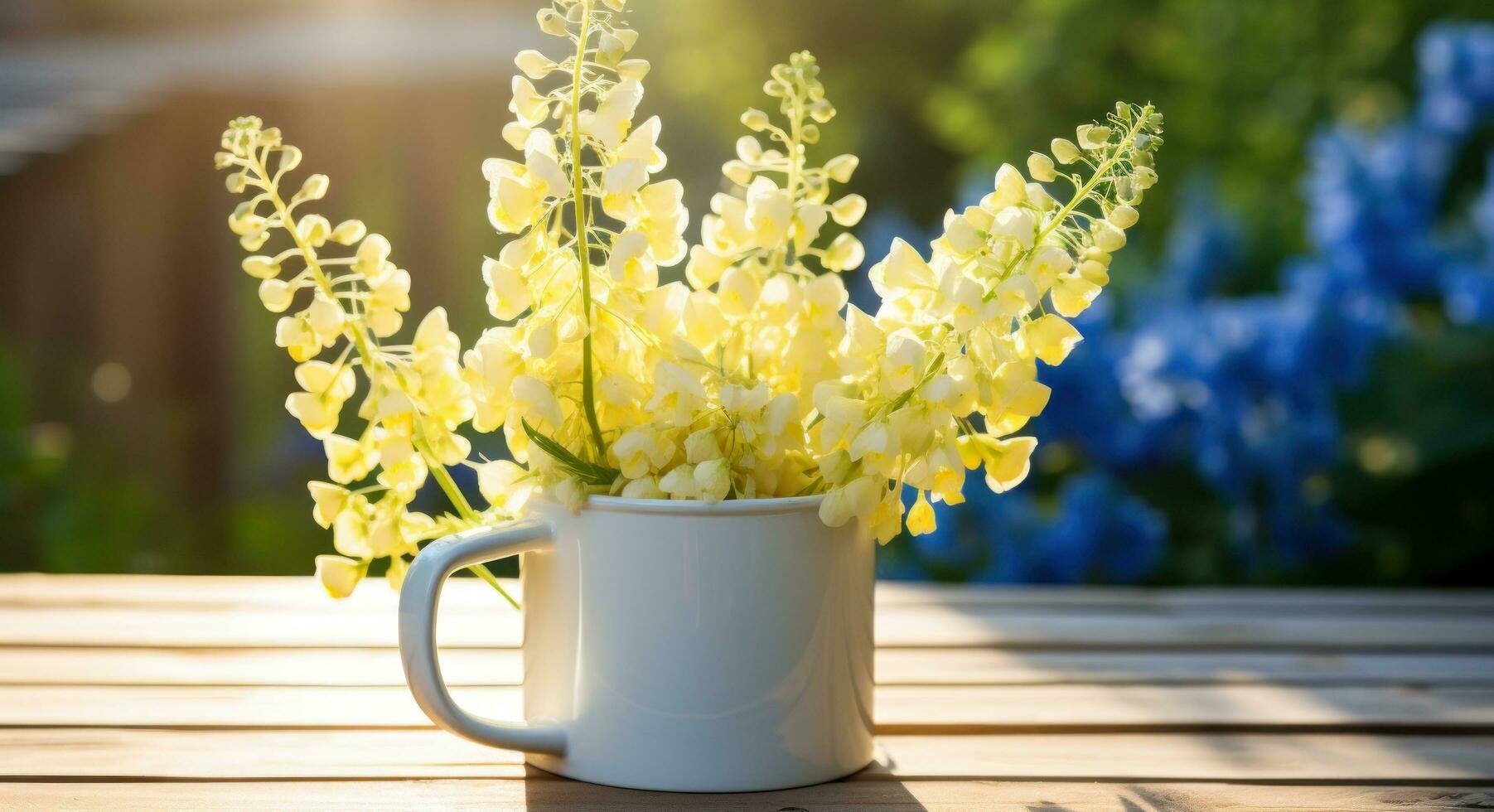 AI generated a yellow mug full of delphiniums outside in the sunlight, photo