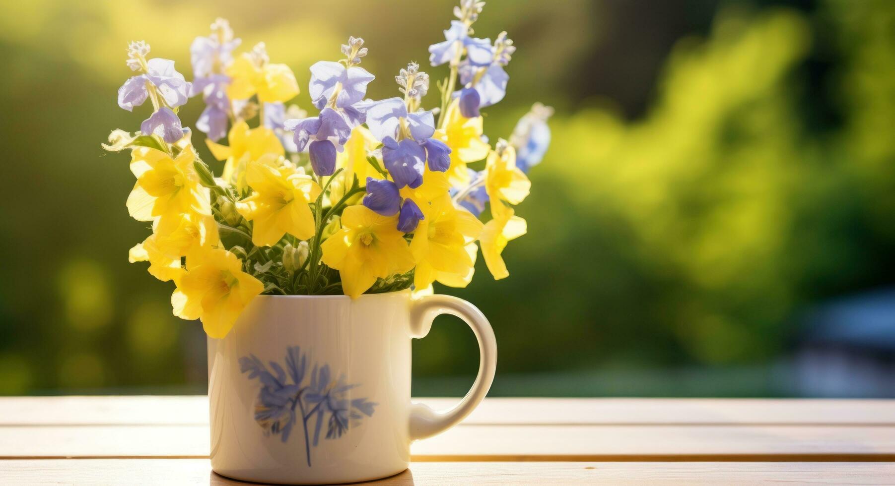 AI generated a yellow mug full of delphiniums outside in the sunlight, photo