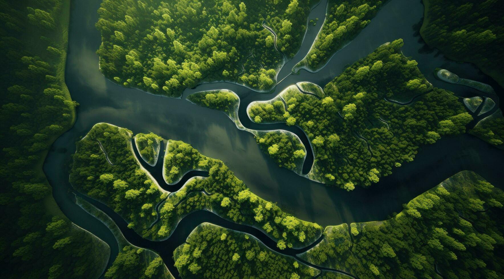 ai generado aéreo ver de un río fluido en medio de un bosque, foto