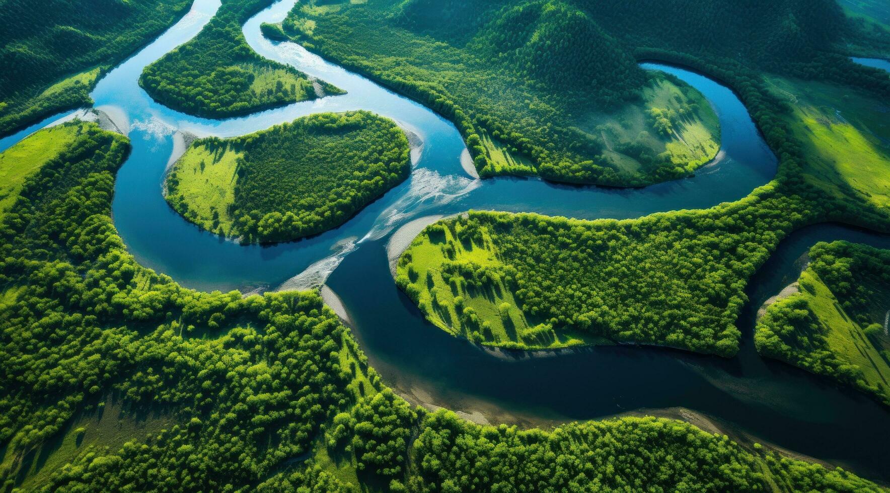 AI generated aerial view of a river flowing in middle of a forest, photo