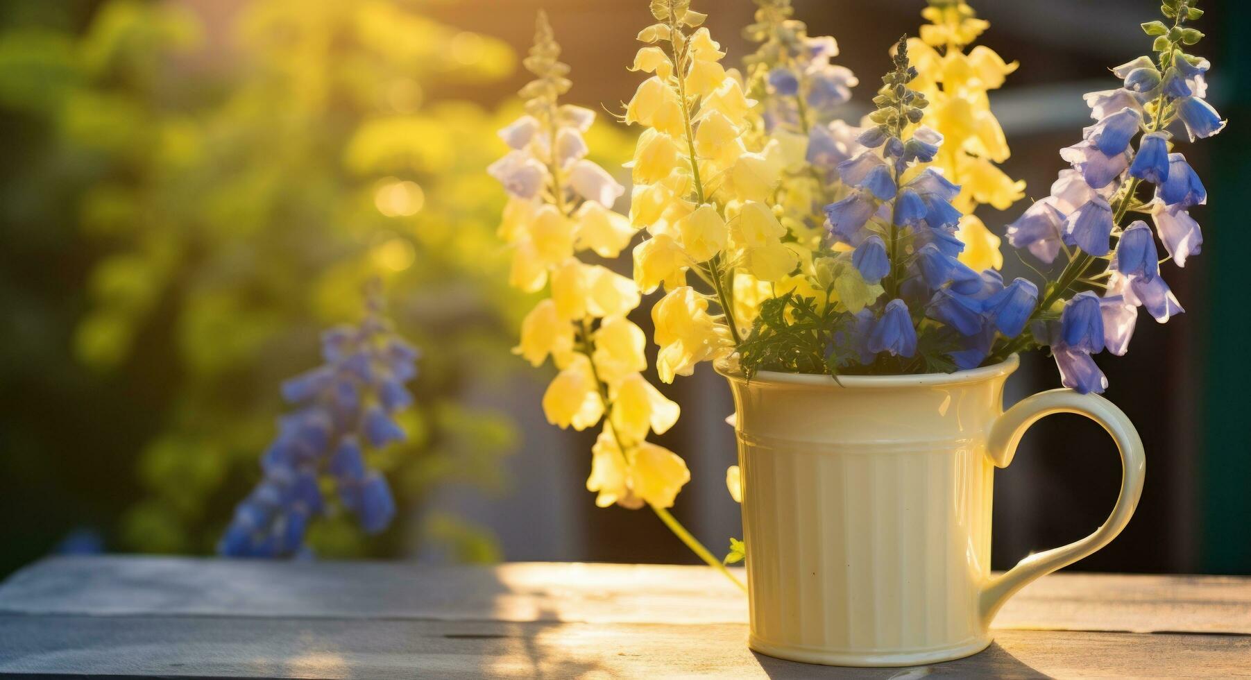 AI generated a yellow mug full of delphiniums outside in the sunlight, photo