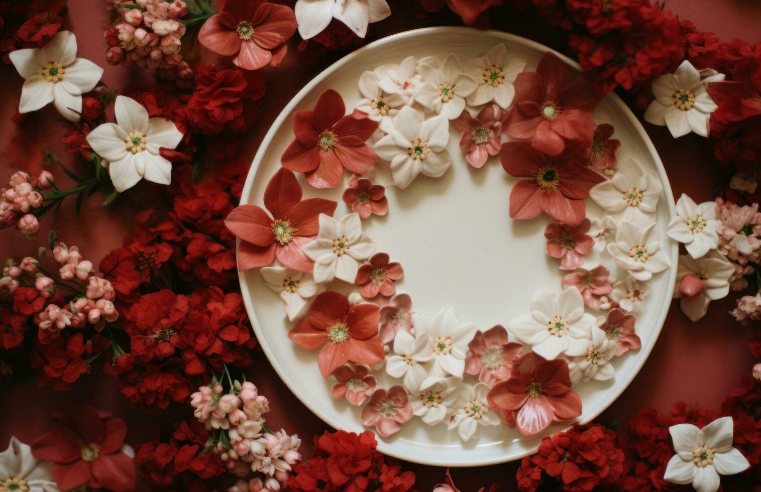 AI generated a plate of flowers made into a circle on a shelf, photo