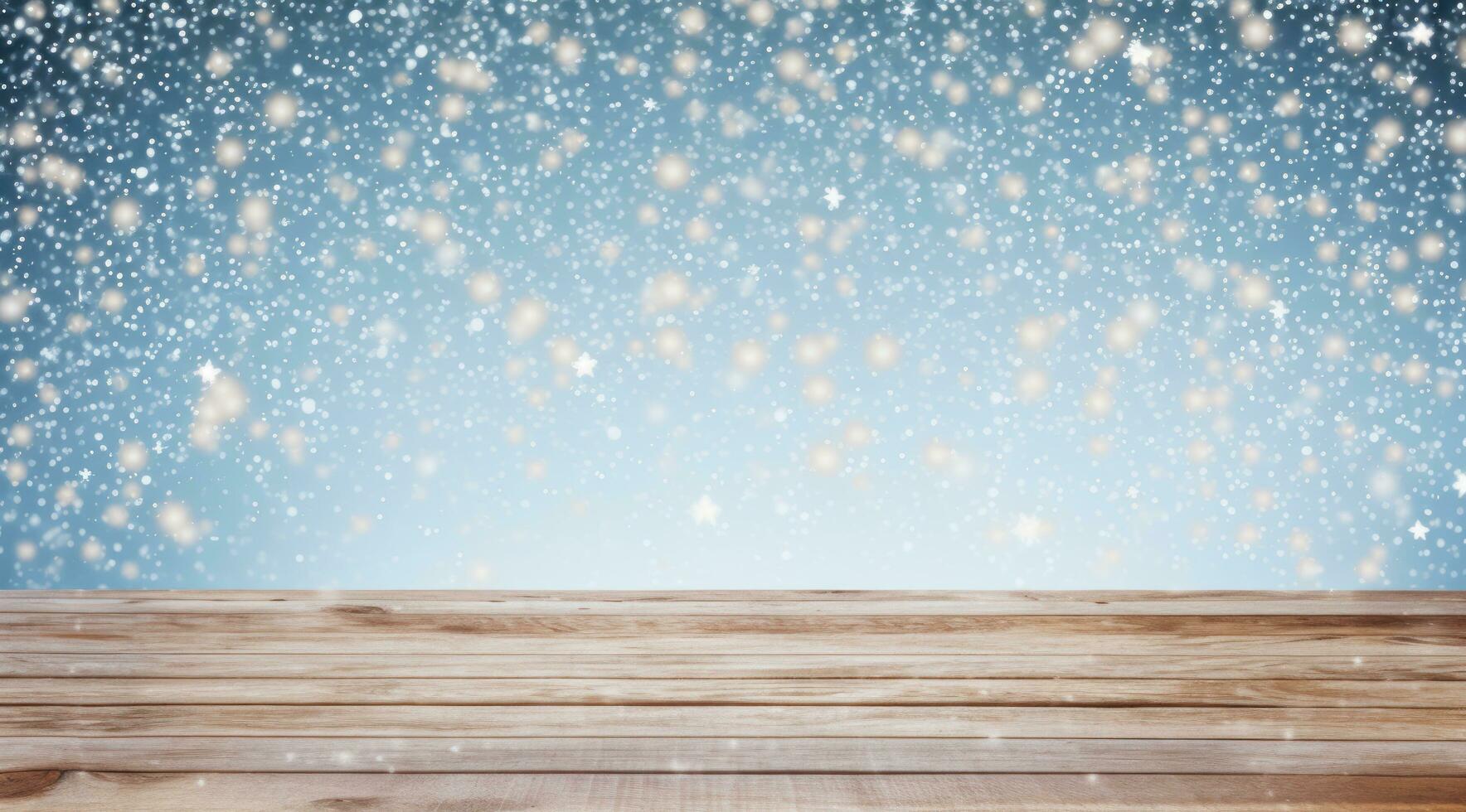 AI generated a wooden table in winter with snow falling from it, photo