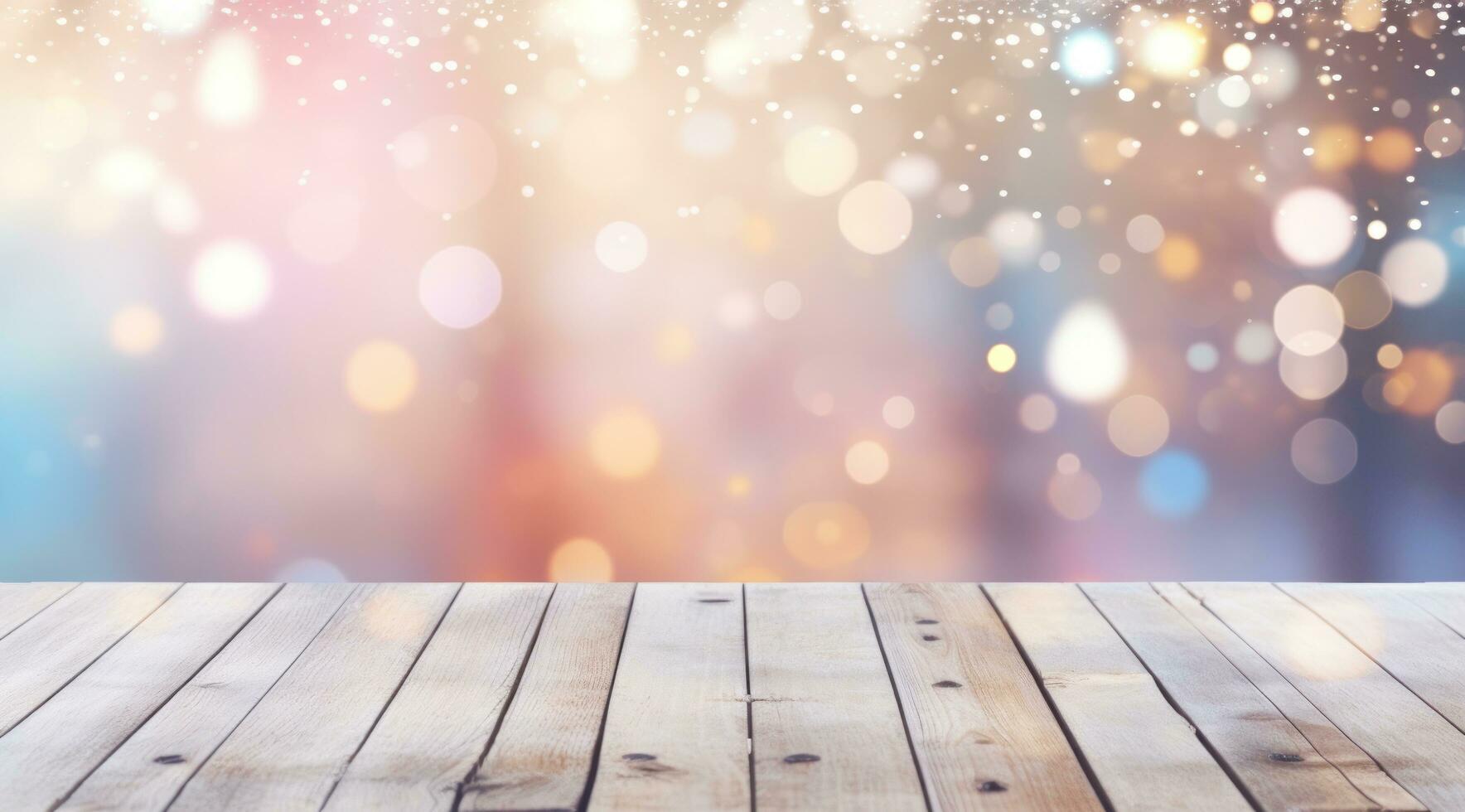 AI generated a wooden table in winter with snow falling from it, photo