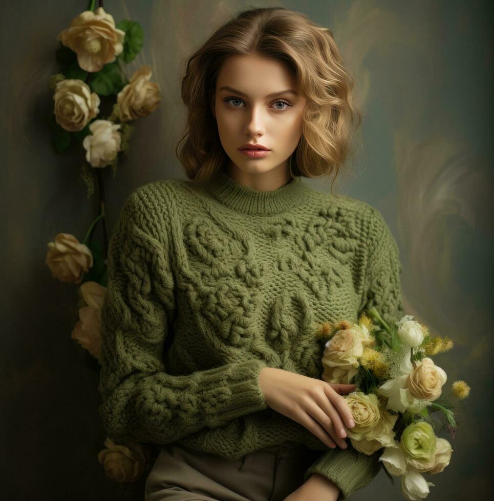 AI generated a woman is posing in a green turtleneck sweater and black pants, photo