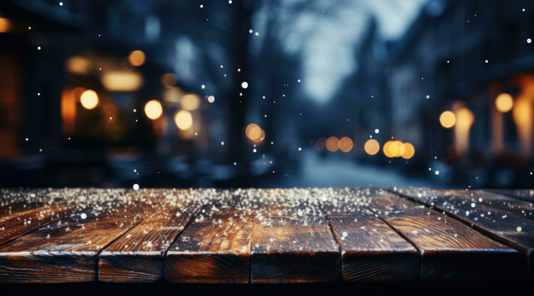 AI generated a wooden table in winter with snow falling from it, photo