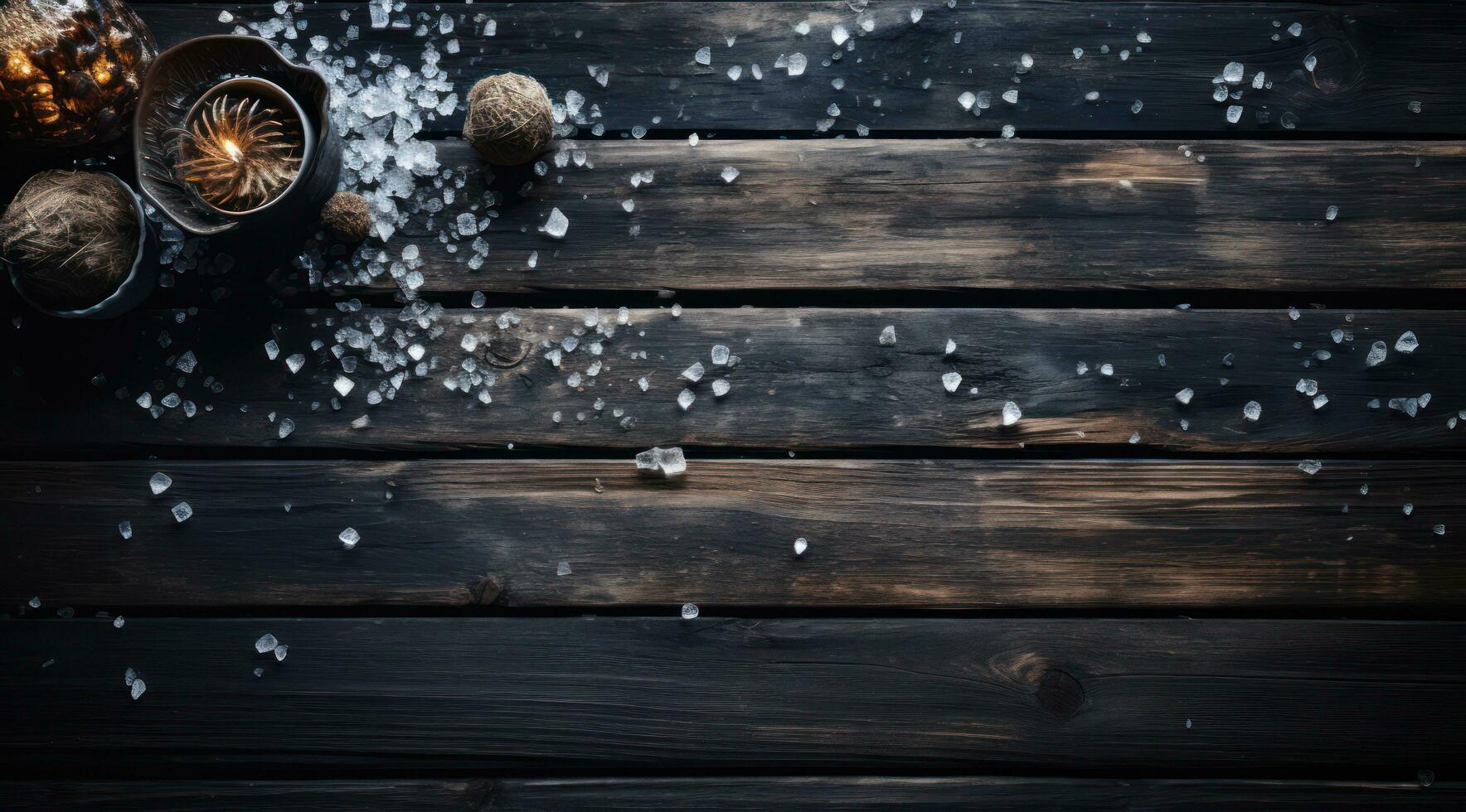 AI generated a wooden table in winter with snow falling from it, photo
