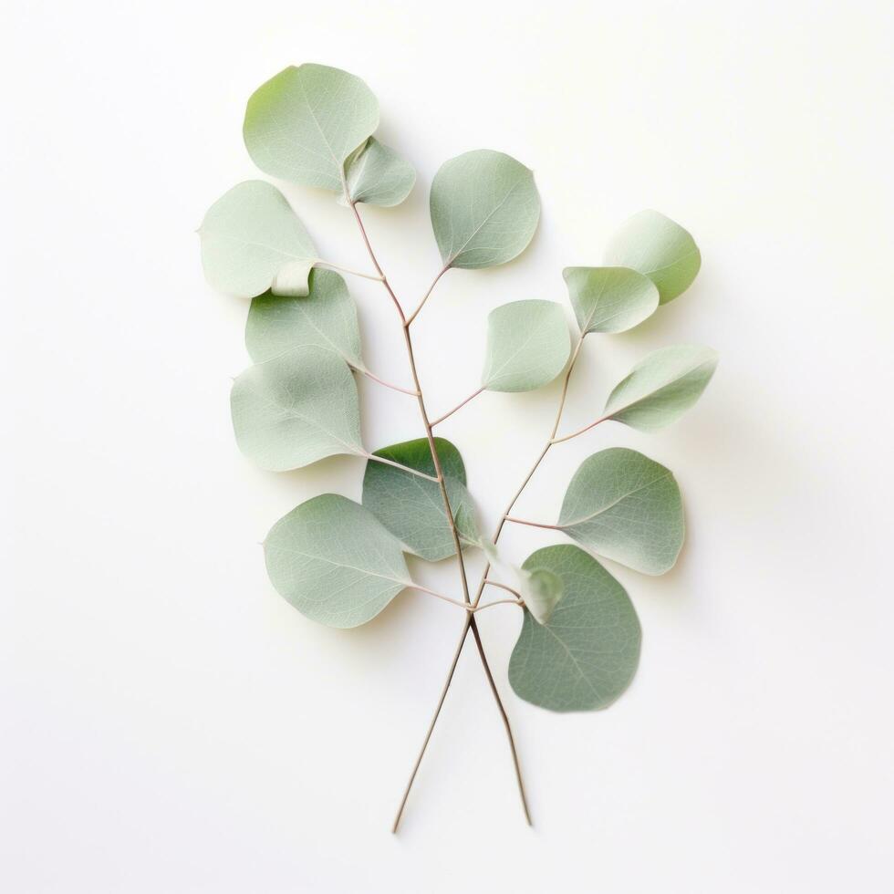 ai generado un pequeño verde eucalipto planta en un blanco fondo, foto