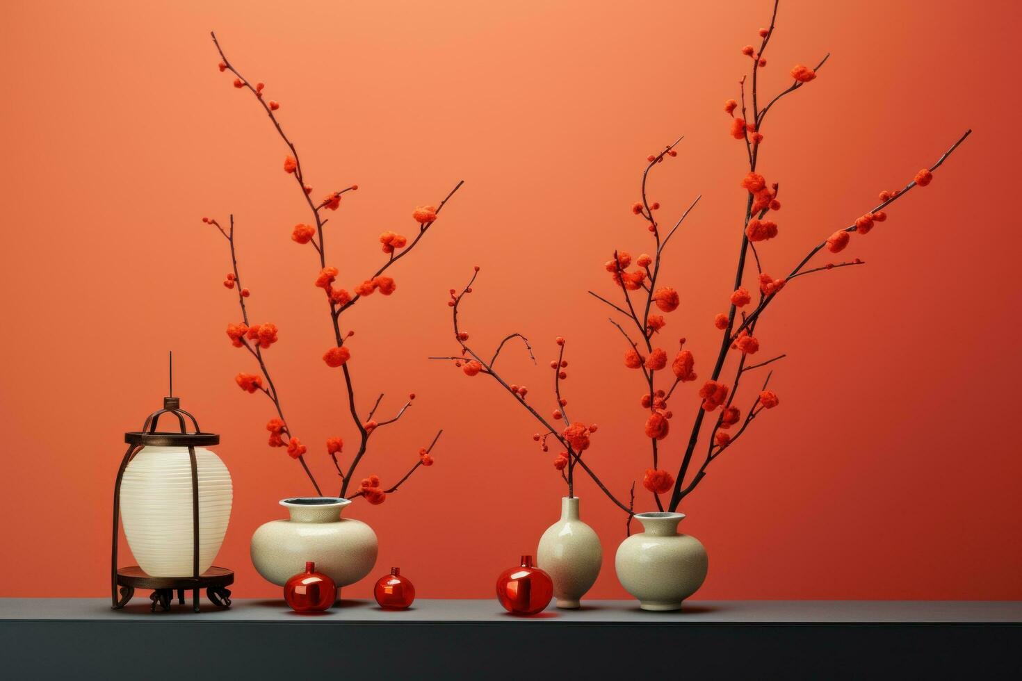 AI generated a vase of flowers with lanterns on it against the wall of a room. photo