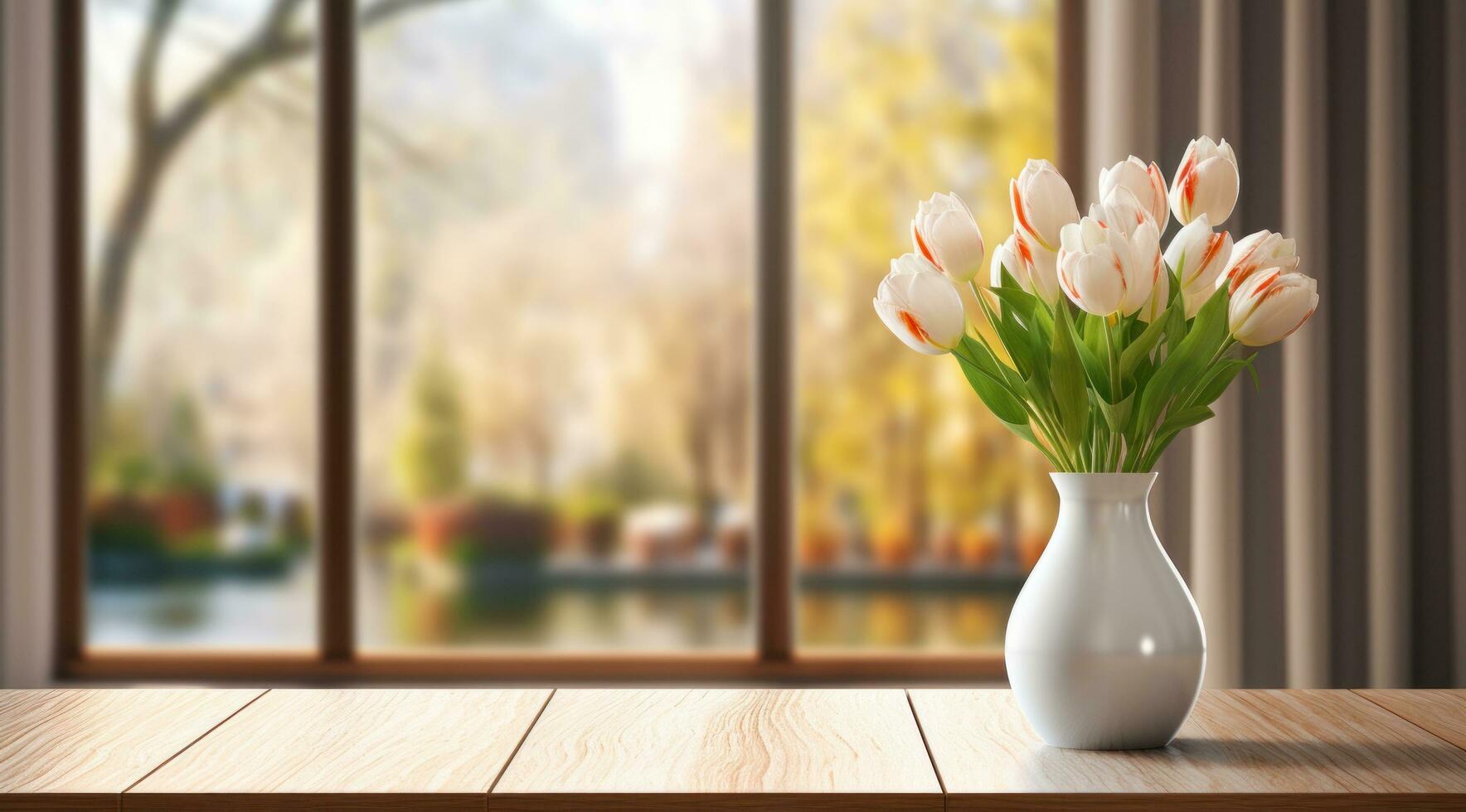 AI generated a white vase on a wooden table with some tulips photo
