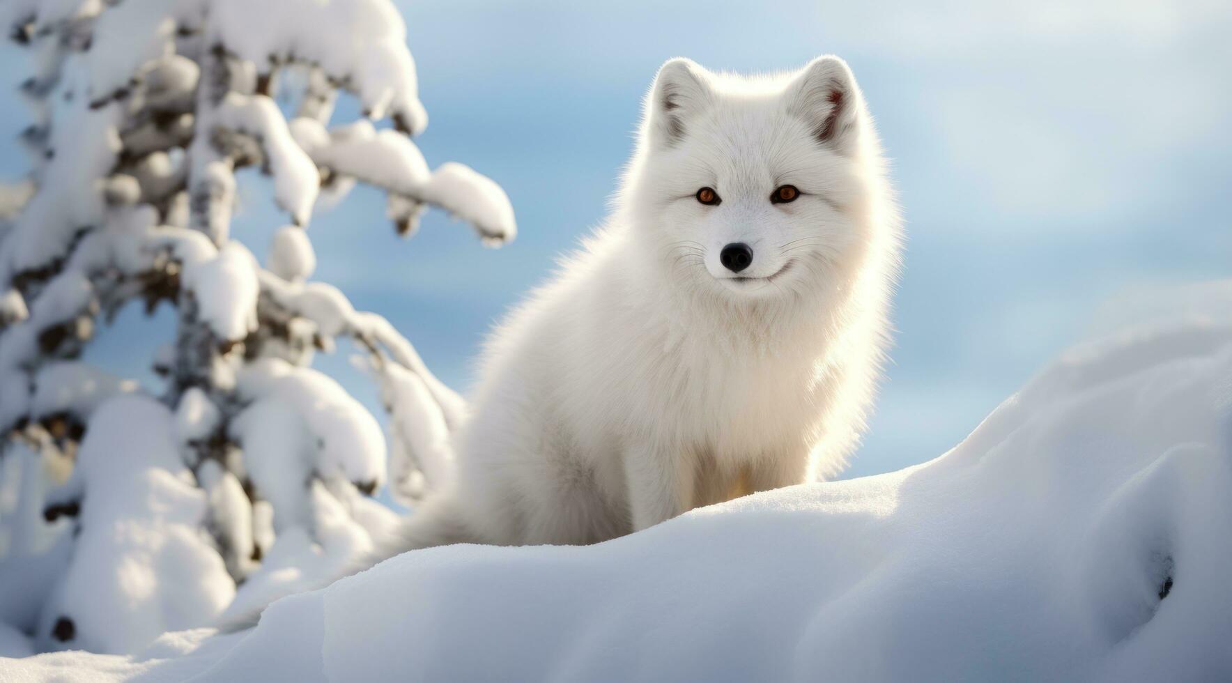 AI generated a white fox on snow in the background, photo