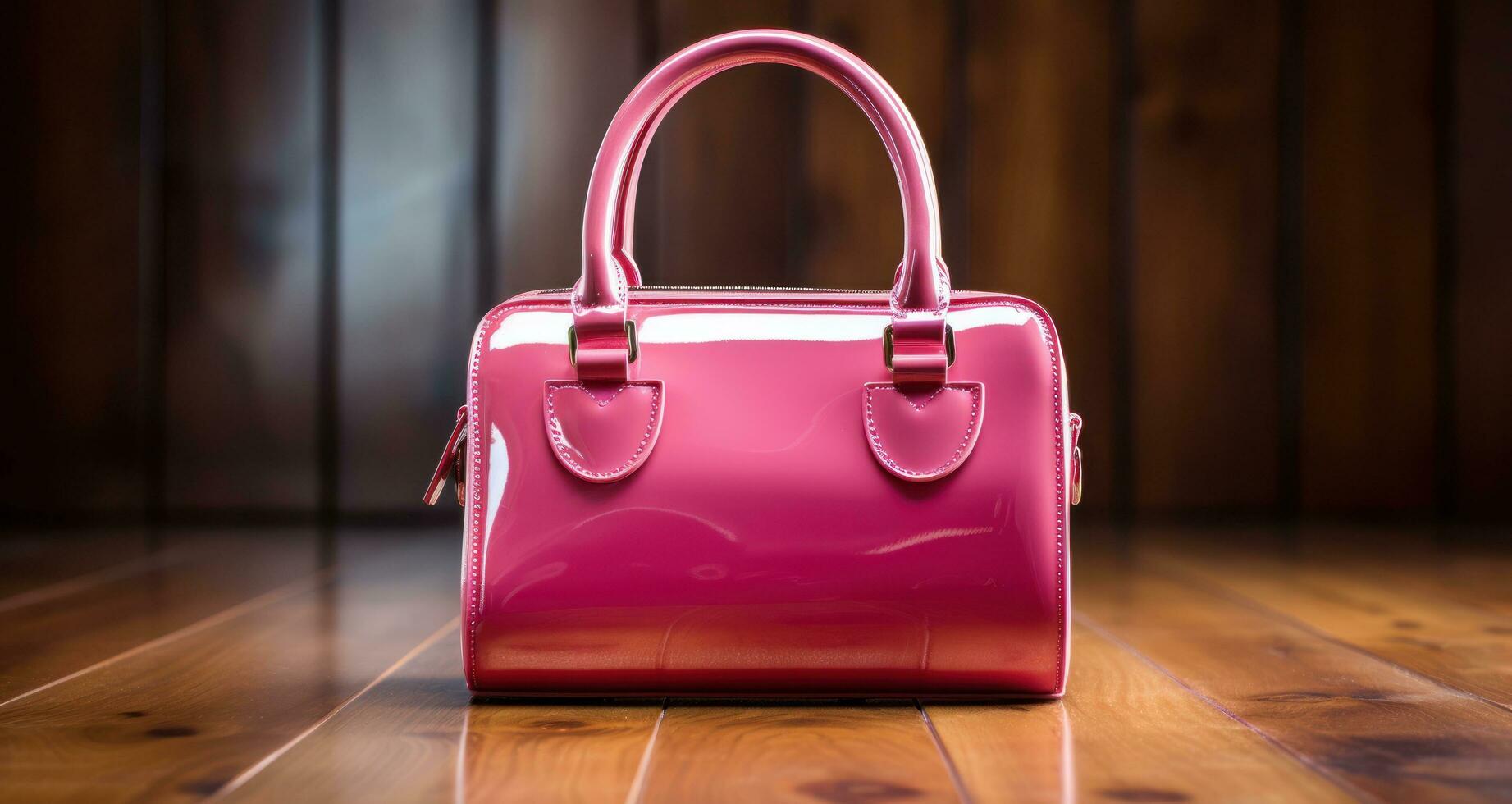 AI generated a small pink leather bag sitting on top of a wooden floor, photo