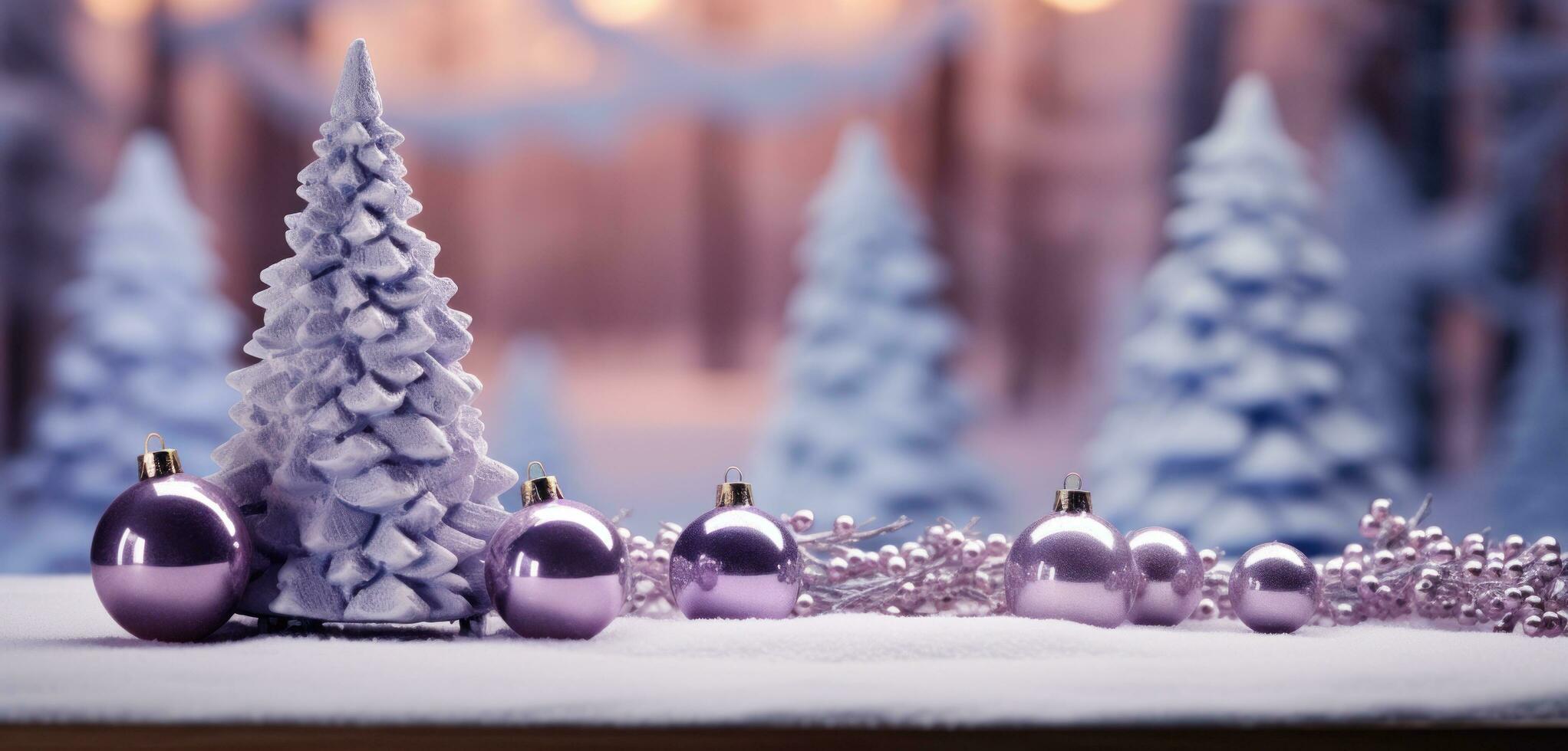 AI generated a purple christmas tree with purple ornaments on a wooden table, photo