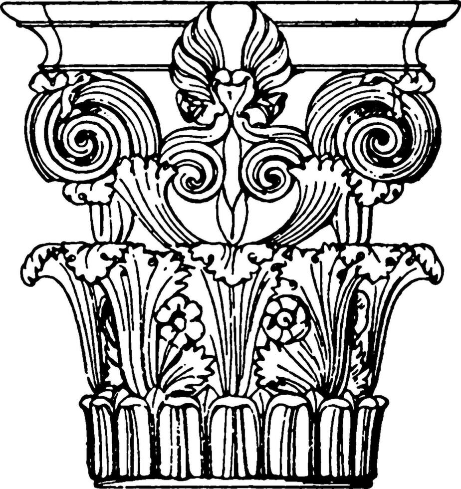 Greek Corinthian Capital, monument in Lysikrates, vintage engraving. vector