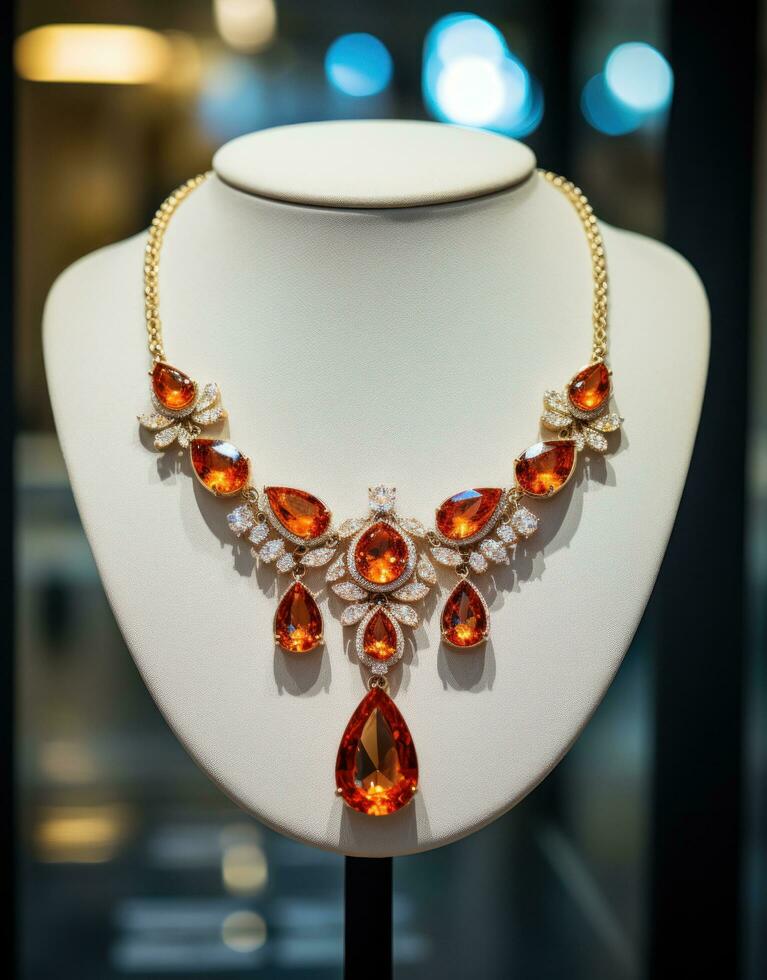 AI generated a necklace with gemstones in a store window, photo