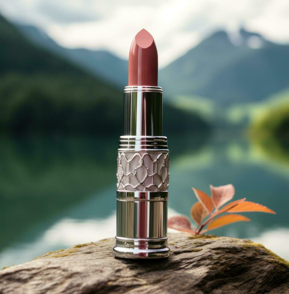 AI generated a pink and brown blush lipstick sitting on the side of lake, photo