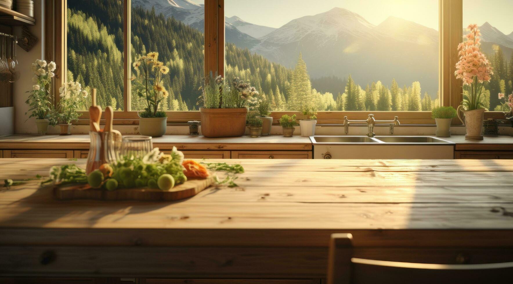 AI generated a kitchen is shown with plants on the table, photo