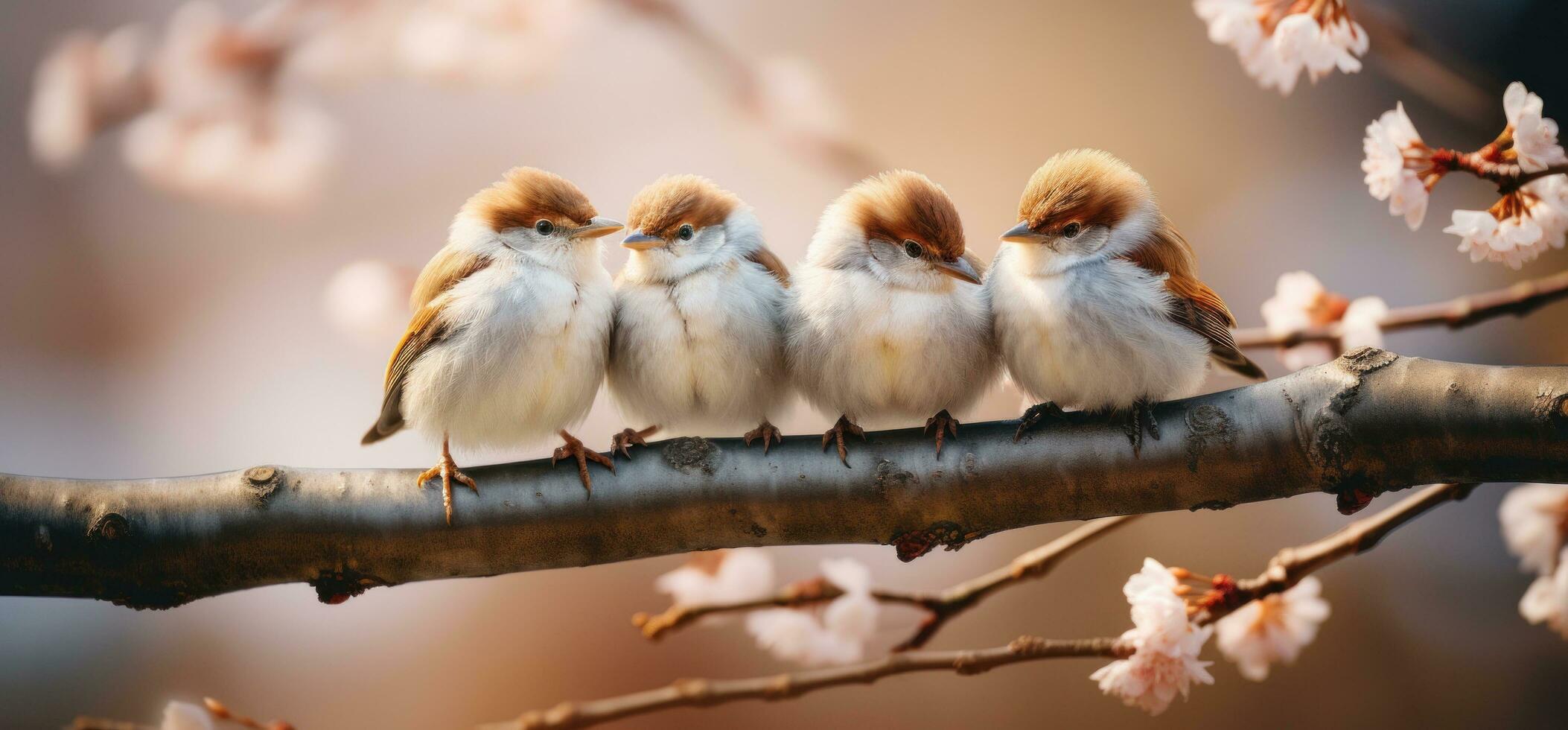 AI generated a group of birds are sitting on a branch in the garden, photo