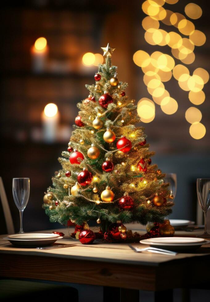 AI generated a christmas tree next to a wooden table, photo