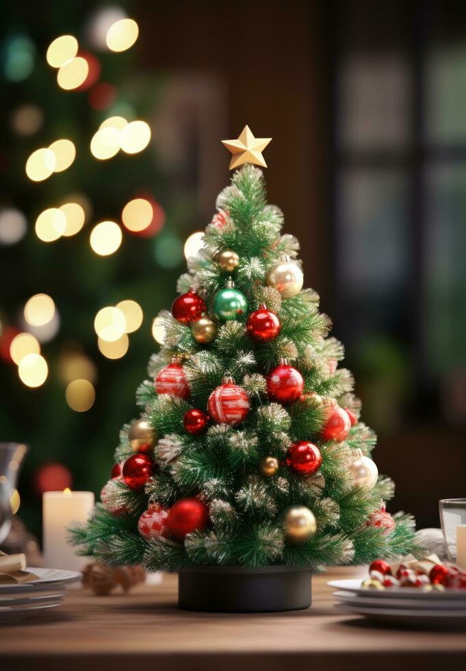 AI generated a christmas tree next to a wooden table, photo