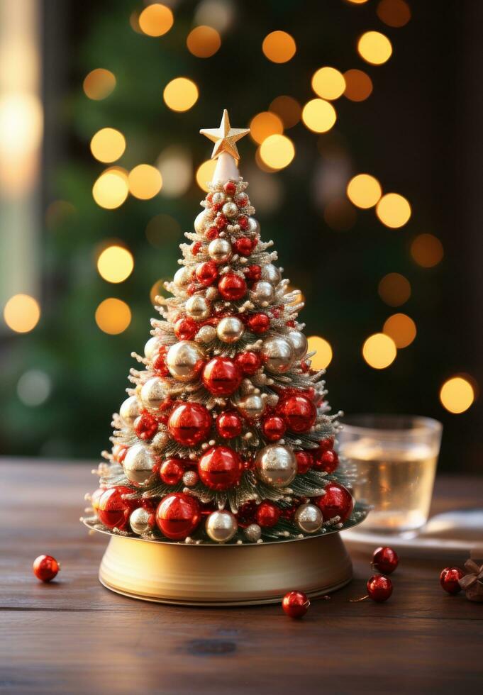 AI generated a christmas tree next to a wooden table, photo