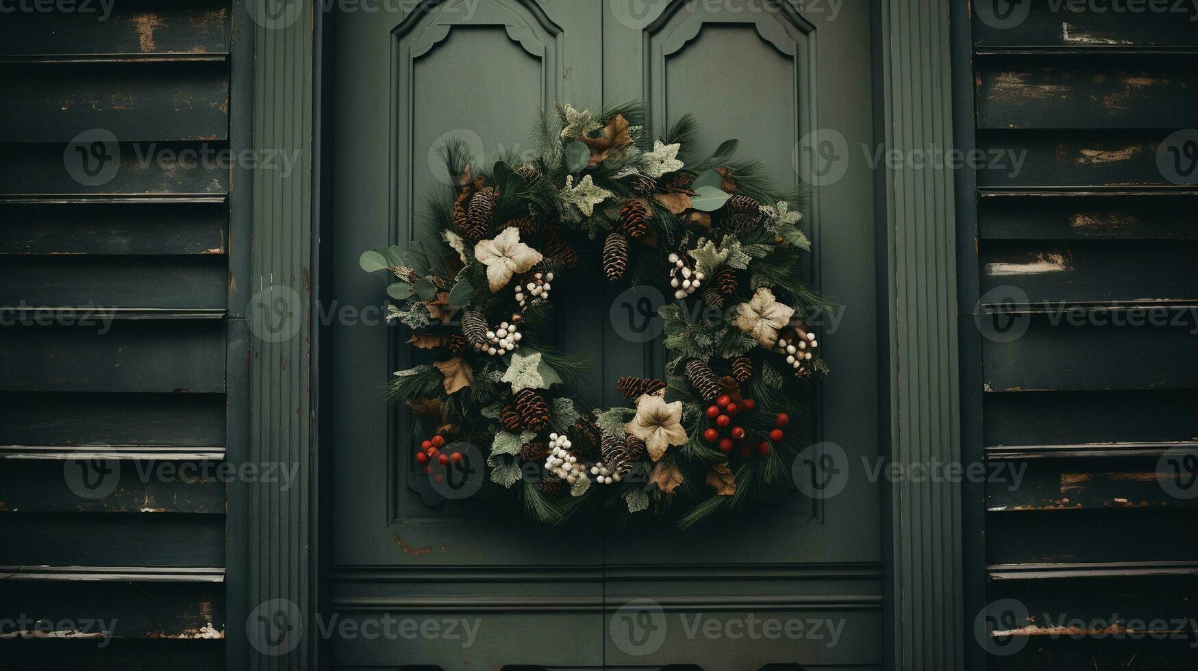 AI generated Generative AI, Close up Christmas wreath, dried branches, red berries, pine, balls and flowers on dark moody floral textured background. photo