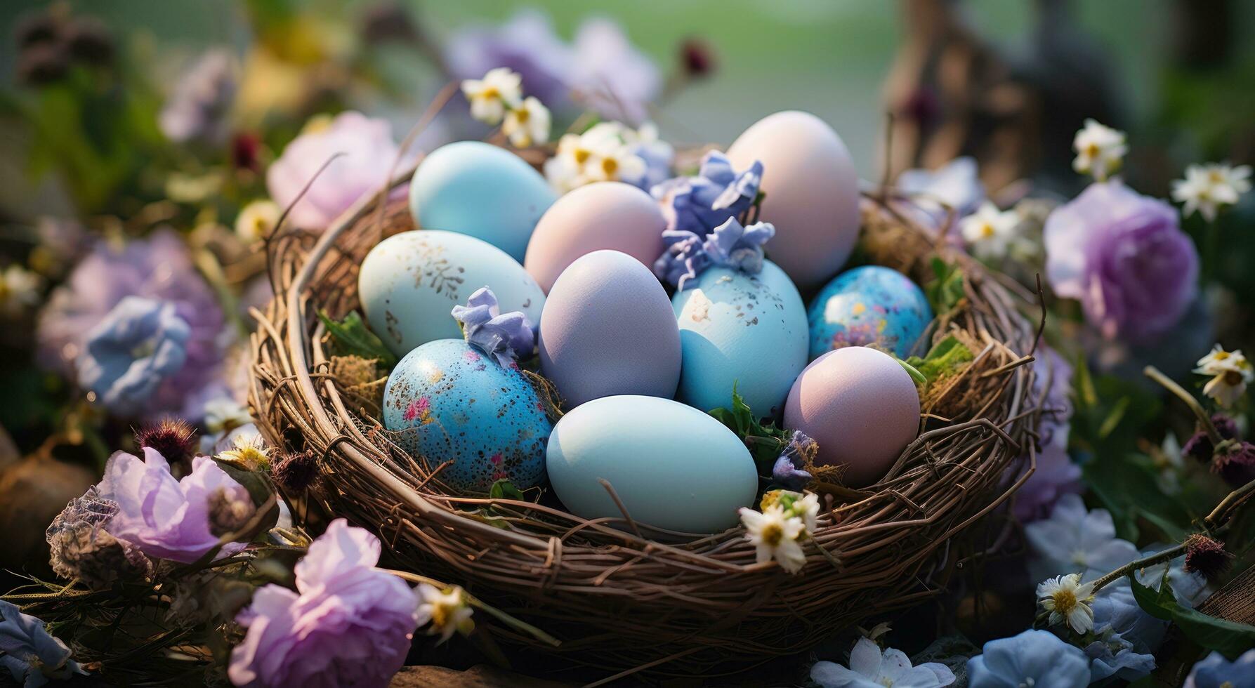 AI generated a basket filled with easter eggs with flowers in the grass, photo