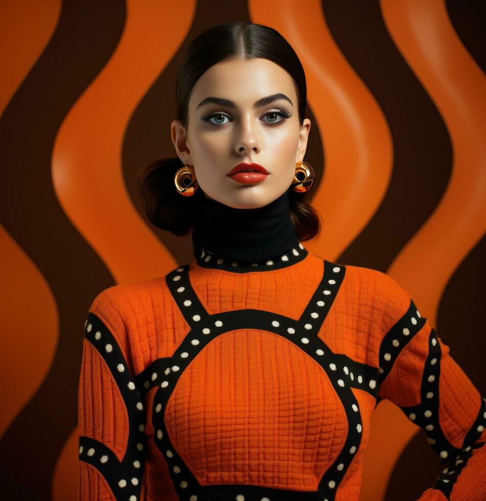 AI generated a beautiful model outfit with an orange polka dot sweater, photo