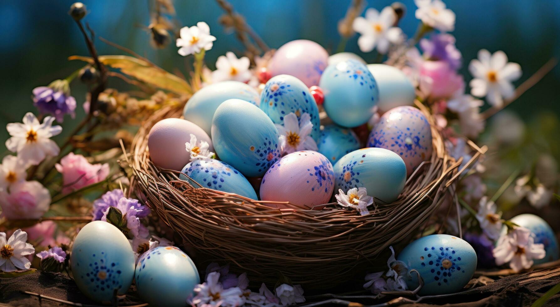 AI generated a basket filled with easter eggs with flowers in the grass, photo