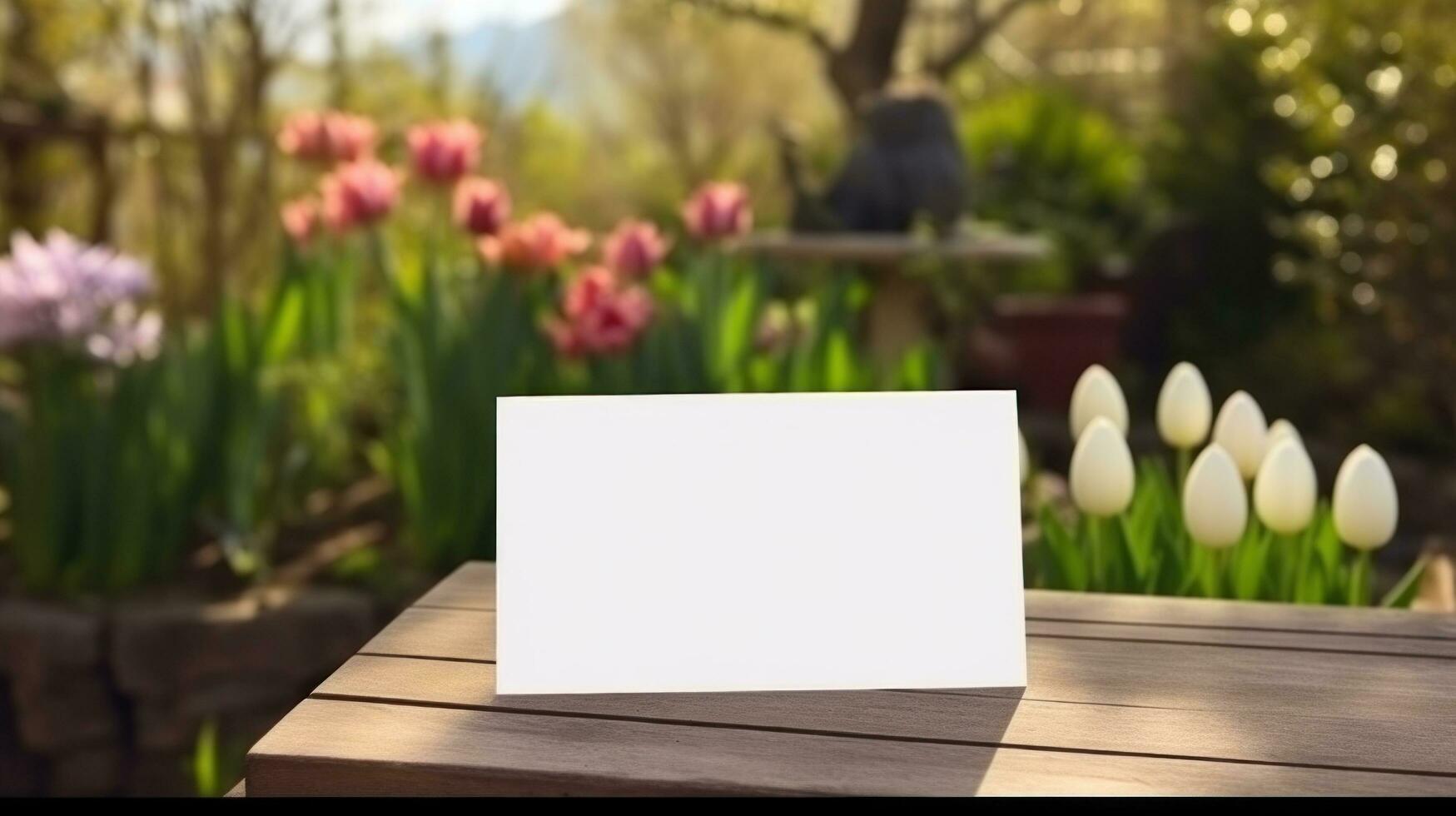 ai generado blanco saludo tarjeta con blanco frente, realista en un Bosquejo modelo en un de madera mesa en un Pascua de Resurrección lujo antecedentes en hogar adentro, foto