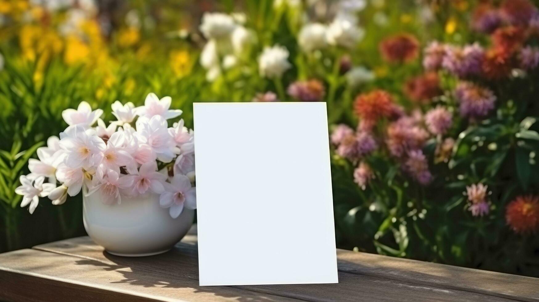 AI generated White greeting card with blank front, realistic on a mockup template in a wooden table in a easter luxuty background in home inside, photo