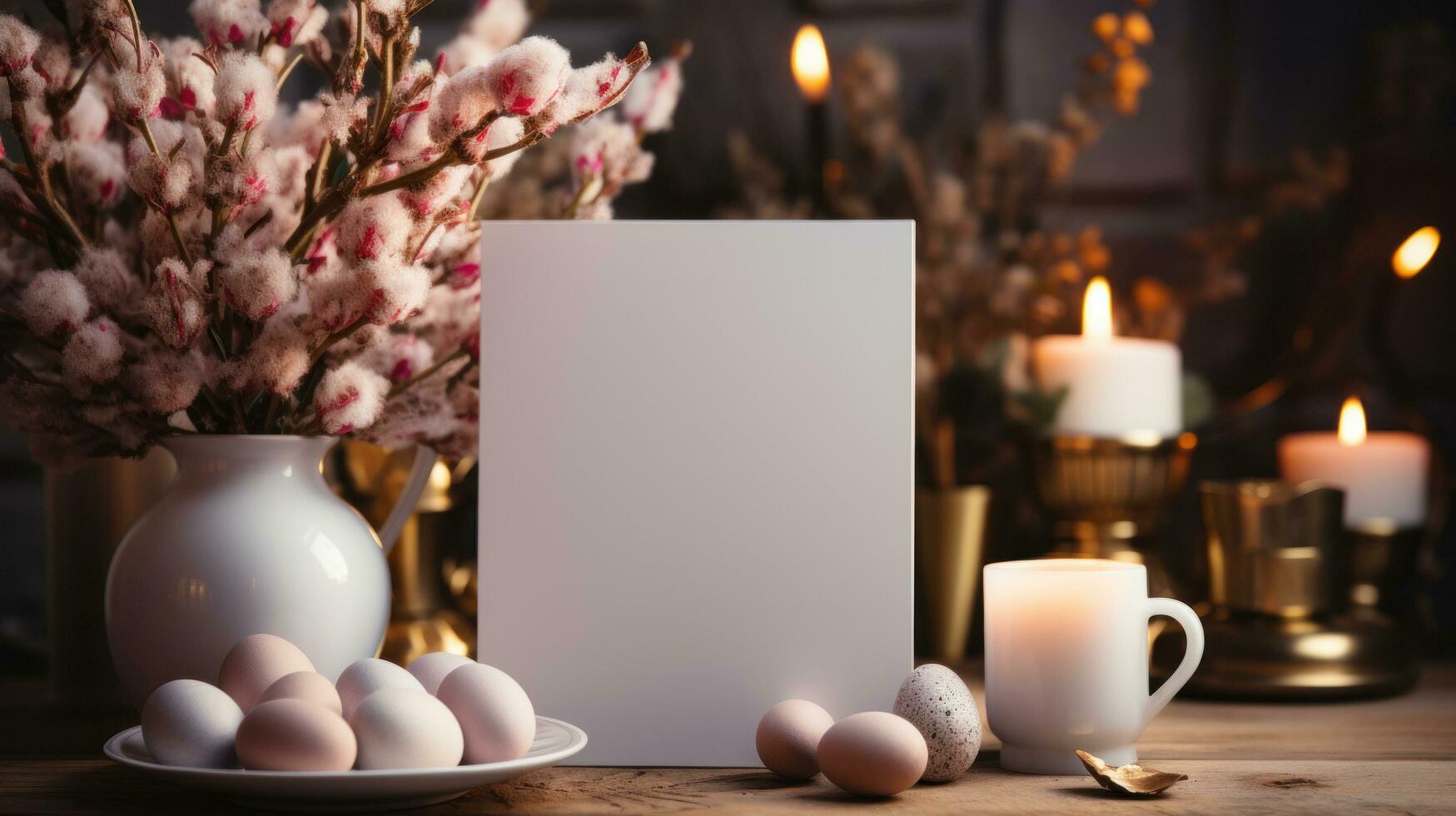 ai generado blanco saludo tarjeta con blanco frente, realista en un Bosquejo modelo en un de madera mesa en un Pascua de Resurrección lujo antecedentes en hogar adentro, foto