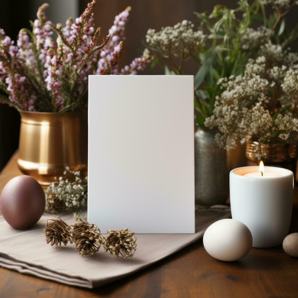 AI generated White greeting card with blank front, realistic on a mockup template in a wooden table in a christmas luxuty background in home inside, photo