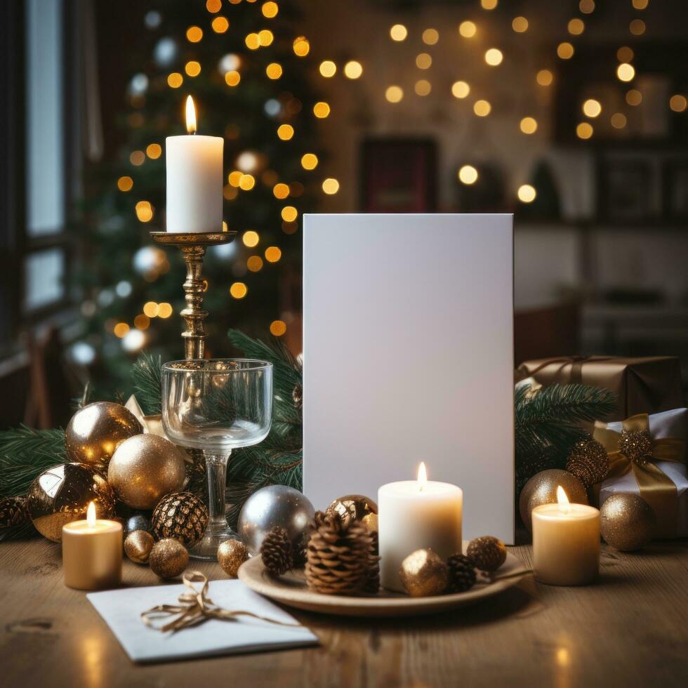 AI generated White greeting card with blank front, realistic on a mockup template in a wooden table in a christmas luxuty background in home inside, photo